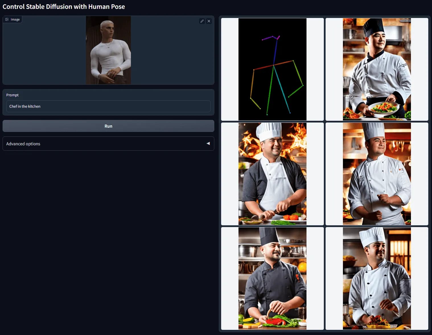 An AI image generating interface with many pictures of Chefs in the kitchen, all following an example pose