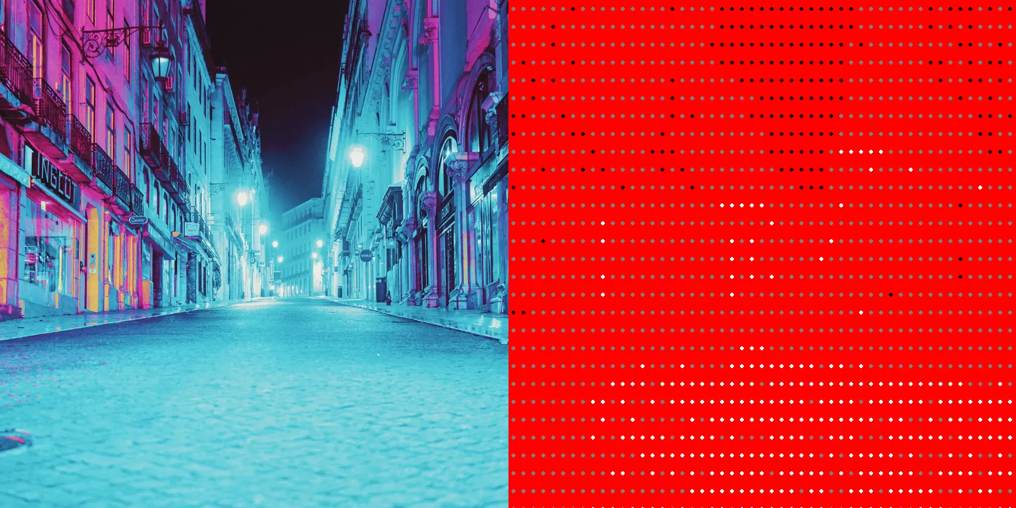 An image of a street in neon light acompanied by a red square with dots representing whether certain spots are brighter or darker than the median pixel value.