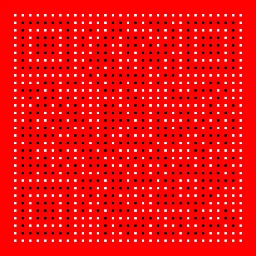 A red square with black or white dots corresponding to the color in the original QR code