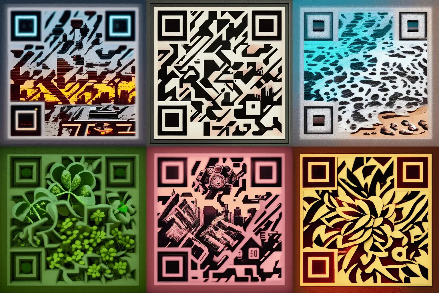 A grid of 6 AI generated QR codes that look like images